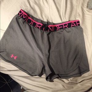 Pink band grey under armour running shorts